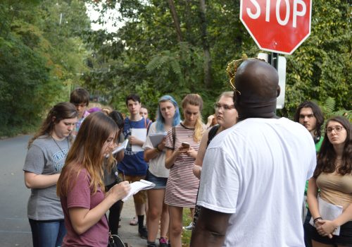 Community partner DeWayne Barton of Hood Huggers International has collaborated with UNC Asheville's writing program for several years to help faculty teach black Asheville history and art.
