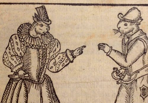 Old historical drawing of anthropomorphic animals dressed as old English noblemen